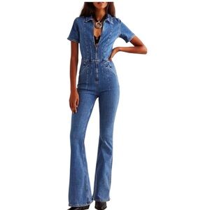 We the free Jayde flare short sleeve jumpsuit in sunburst blue size Large